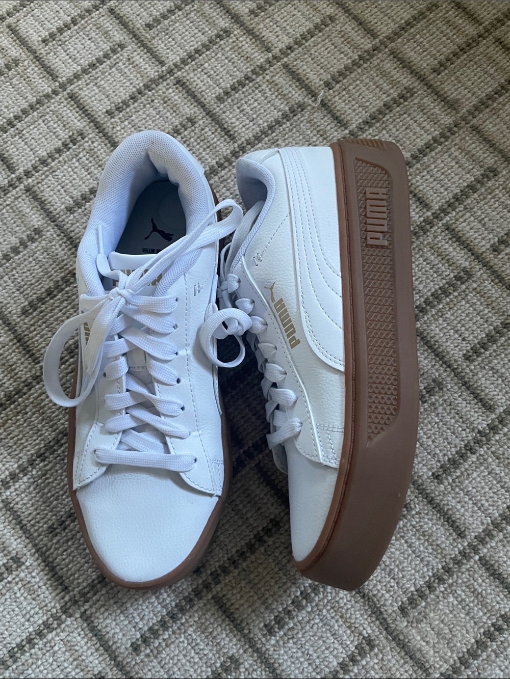 Puma White Leather Platform Sneakers with Brown Gum Sole